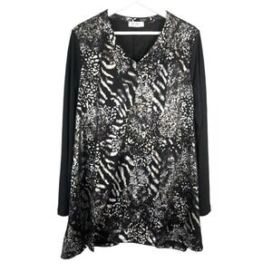 VTG Cover Charge Tunic Top BLACK w/SILVER ANIMAL PRINT KNIT Chiffon Sleeves SZ S
